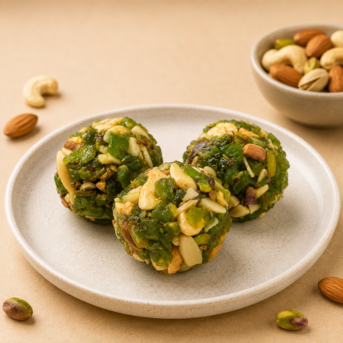 Three green nut and dried fruit balls on a light beige plate, with almonds, pistachios, and a small bowl of mixed nuts on a beige background.