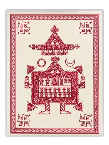 Ahoi Ashtami Vrat Puja Calendar Paana with traditional red illustrations and an ornate border on a cream background.