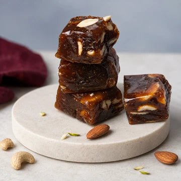 MM Mithaiwala Anjeer Badami Halwa cubes with visible nuts, stacked on a round stone platter with almonds and cashews alongside.