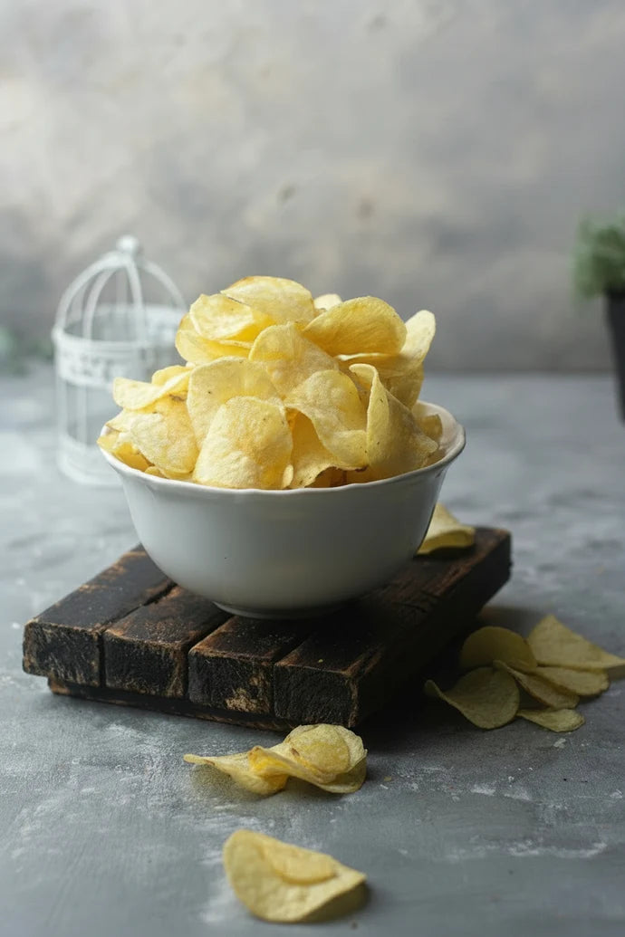MM Mithaiwala Batata Chips, thin golden potato chips piled in a bowl on a wooden board.