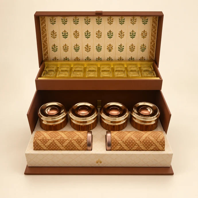 MM Mithaiwala Brown Gift Chest with a cream and brown lid, golden trim and a decorative pink flower.
