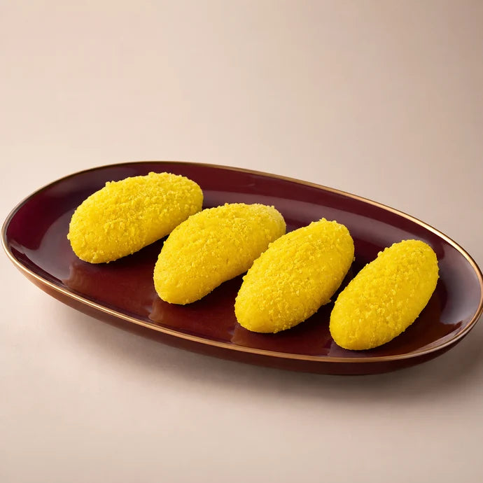 MM Mithaiwala yellow Cham Cham arranged on a white leaf-shaped platter with flowers and festive candle holders.