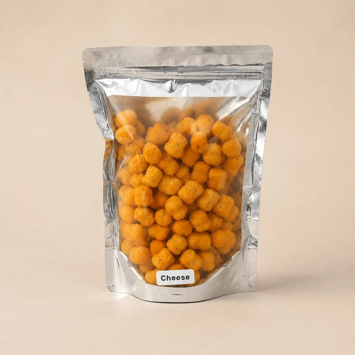 MM Mithaiwala Cheese Quinoa Puffs in a silver resealable pouch with a clear front, against a beige background.