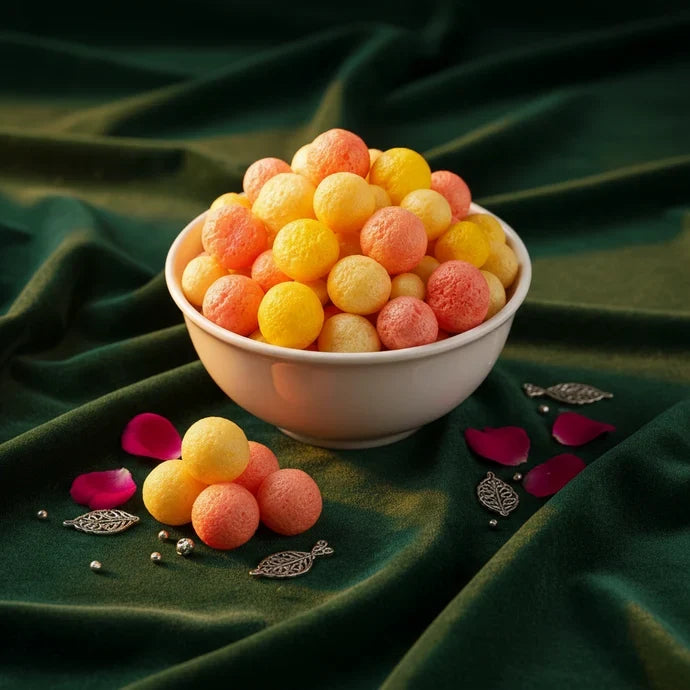 MM Mithaiwala Chhena Angoor, small pink, yellow and cream-coloured sweets piled in a white bowl on a beige surface.