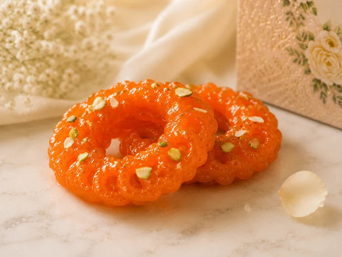 MM Mithaiwala orange Imarti garnished with chopped pistachios and almonds, shown close up on a light marble surface.