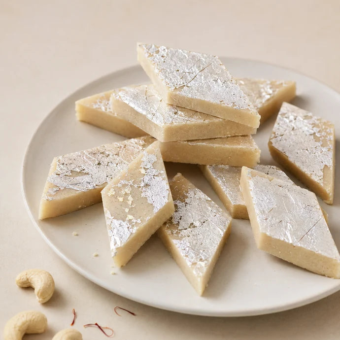 MM Mithaiwala Kaju Katli topped with silver leaf, stacked on a cream plate with cashews alongside.
