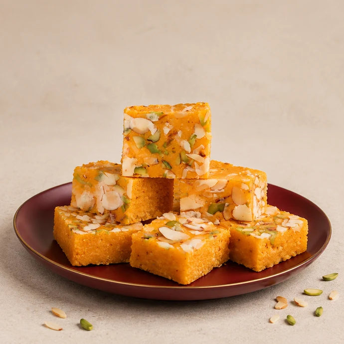 MM Mithaiwala Kesar Elaichi Barfi topped with sliced almonds and pistachios, stacked on a maroon gold-rimmed plate.