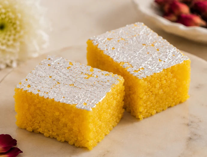 MM Mithaiwala yellow Kesar Khoprapak squares topped with silver leaf, shown close up on a marble platter.