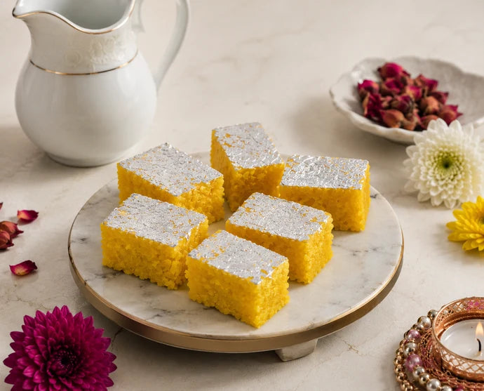 MM Mithaiwala yellow Kesar Khoprapak squares topped with silver leaf, shown close up on a marble platter.