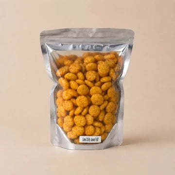 MM Mithaiwala Lime Chilli Jowar Puffs in a silver pouch showing golden seasoned puffs through its clear front.