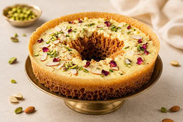 MM Mithaiwala Malai Rabdi Ghevar topped with creamy rabdi, sliced nuts and rose petals, served on a brass pedestal plate.