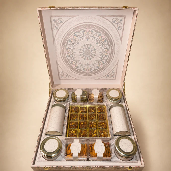 MM Mithaiwala Ornate Mandala Gift Box with an intricate circular floral design and golden clasps.