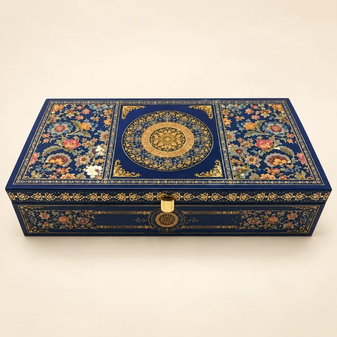 MM Mithaiwala Ornate Navy Gift Chest with colourful floral patterns, a central golden medallion and a decorative clasp.