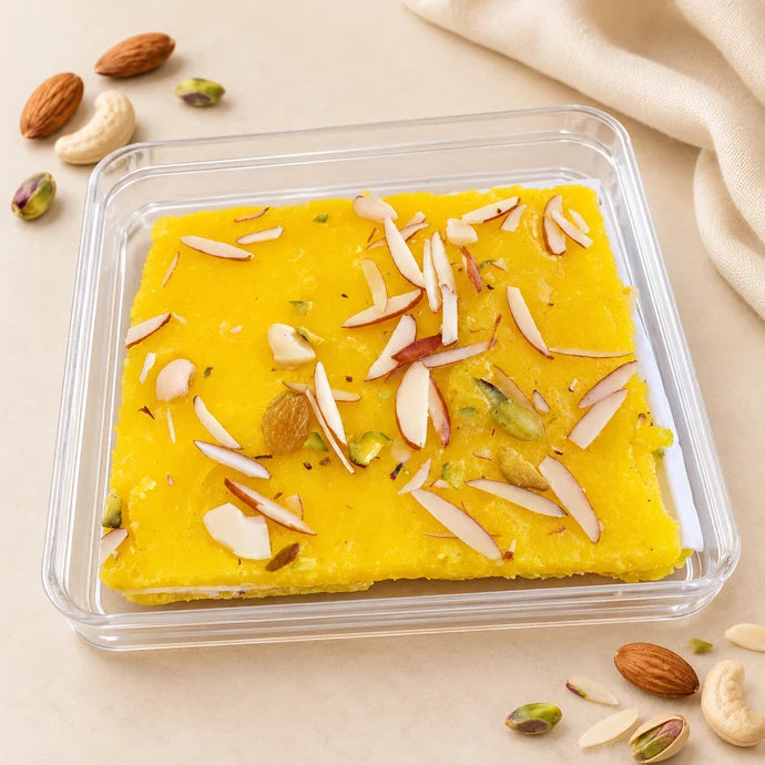 MM Mithaiwala yellow Pineapple Ice Halwa topped with sliced almonds, pistachios and raisins in a clear square box.
