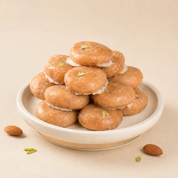 MM Mithaiwala Satha sweets stacked on a white plate, topped with pistachio slivers.