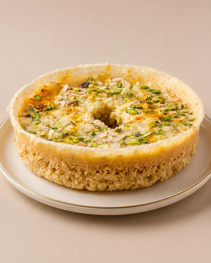 MM Mithaiwala Small Malai Ghevar topped with malai and chopped nuts, served on a maroon plate with a gold rim.
