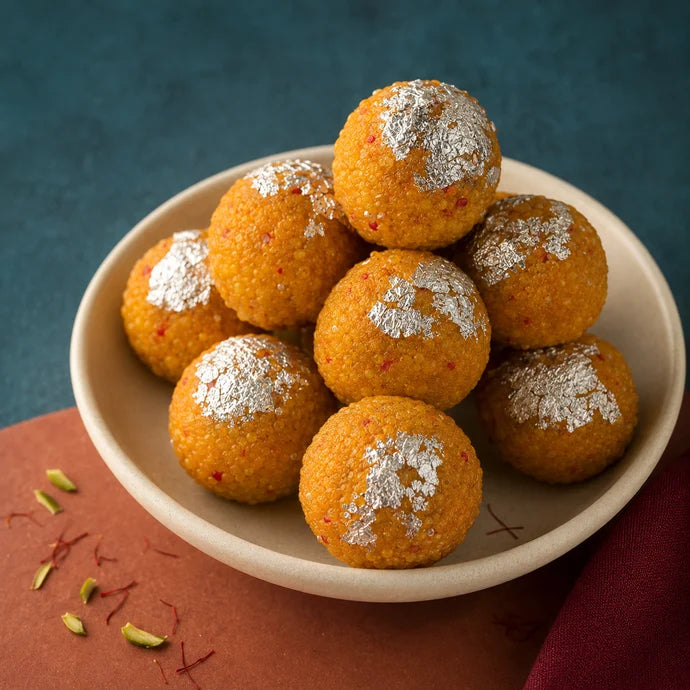 MM Mithaiwala Special Motichur Laddu topped with silver leaf, piled on a cream plate against a teal background.