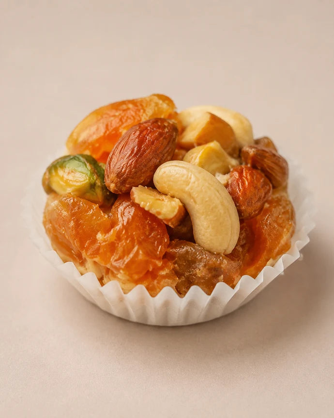 MM Mithaiwala Sugar Free Apricot Laddu shown close up with apricot pieces and mixed nuts in a white paper cup against a beige background.