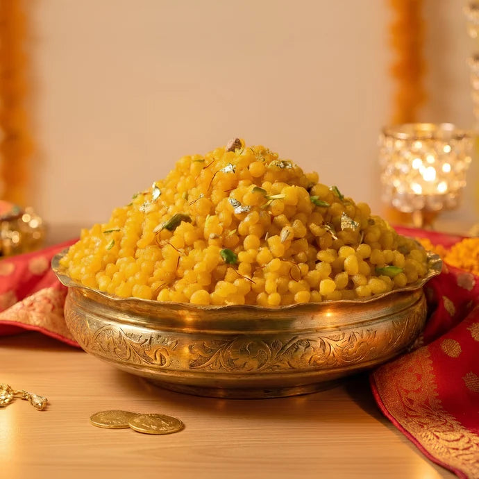 MM Mithaiwala sweet boondi garnished with nuts and silver leaf in a brass bowl.