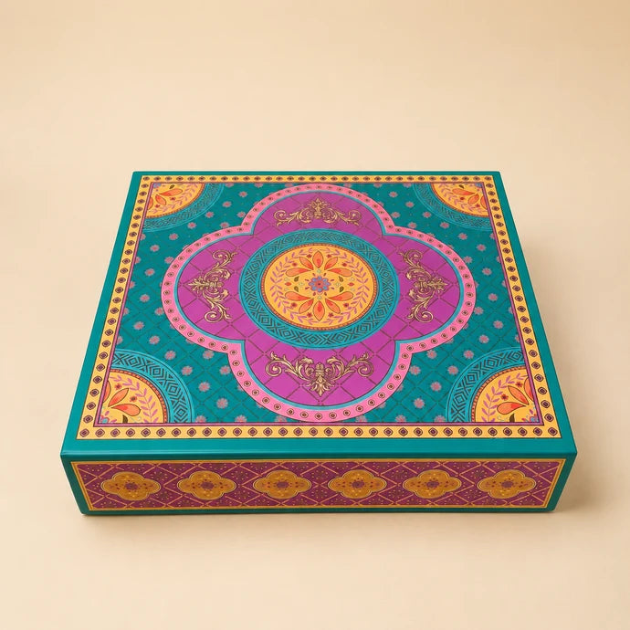 MM Mithaiwala Turquoise Ornamental Gift Box with colourful traditional motifs and a central floral medallion.