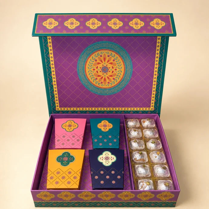 MM Mithaiwala Turquoise Ornamental Gift Box with colourful traditional motifs and a central floral medallion.
