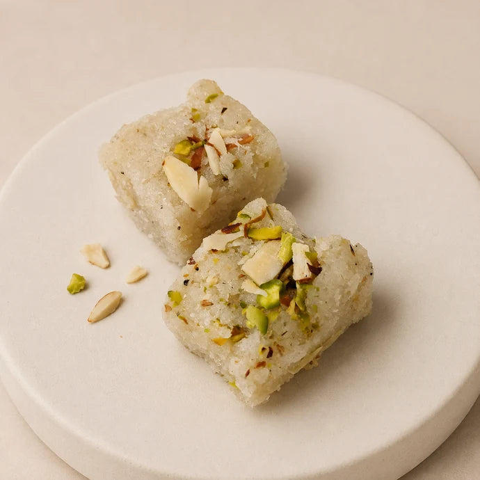 MM Mithaiwala White Khoprapak topped with sliced almonds and pistachios, shown close up against a beige background.